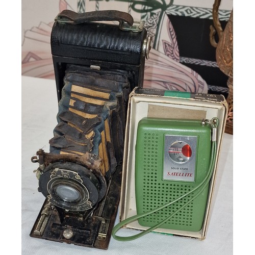 150 - Distressed Kodak no.1A folding camera and boxed retro satellite solid state, model SE.101 pocket rad... 