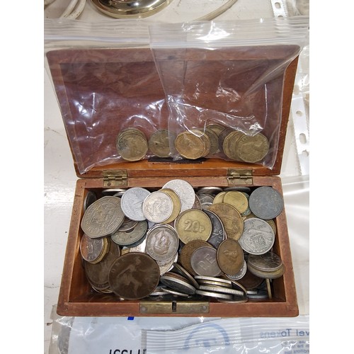 169 - Old wooden coin box with assorted mostly foreign silver and copper coinage