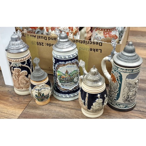 15 - Small collection of 3 x large and 2 x medium mid-European steins with metal tops