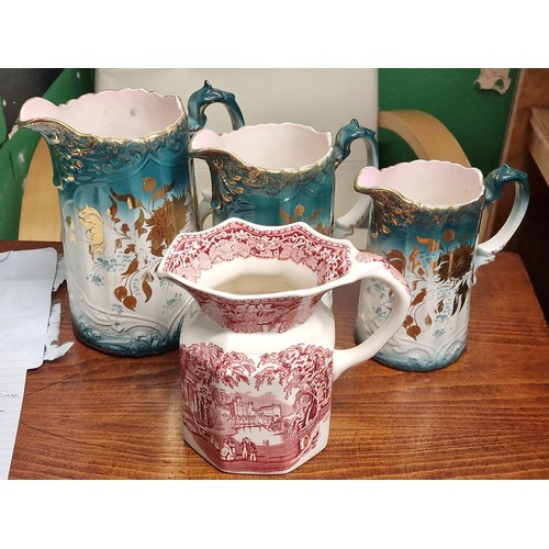 174 - 16 cm Masons Vista (pink) jug and graduated trio of matching vintage jugs