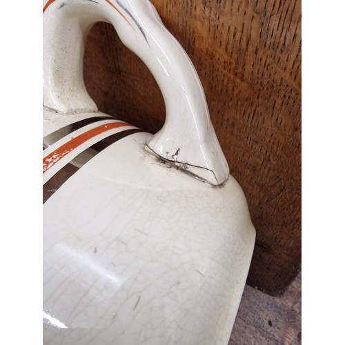 67 - Old Belgian wash basin, water jug with cracks, chamber pot with split on handle and 2 x lidded pots,... 