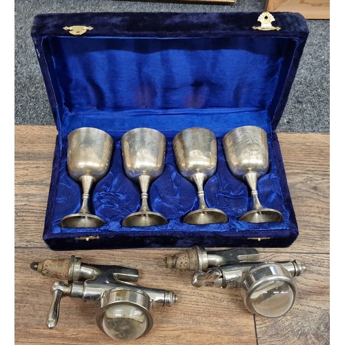 104 - 2 x old Gaskell & Chambers optics and cased set of 4 x silver plated goblets