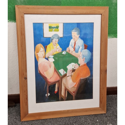 135 - 51.5 x 64 cm wooden framed and mounted painting study of people playing whist signed Dagnall