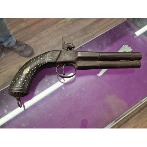 481 - Rare and very unusual Triple barrel and three hammer, black powder percussion pistol. Unable to offe... 