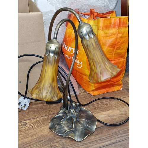 60 - Art Nouveau style bronze look lily pad table lamp with Tiffany style glass shades