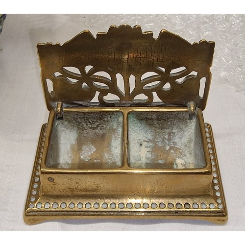 162 - 9 x 5.5 cm ornate solid brass 2 sectioned and lidded stamp dish