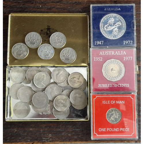 211 - Old State Express 555 cigarette tin with bundle of UK shilling coins and 3 x single coins in perspex... 