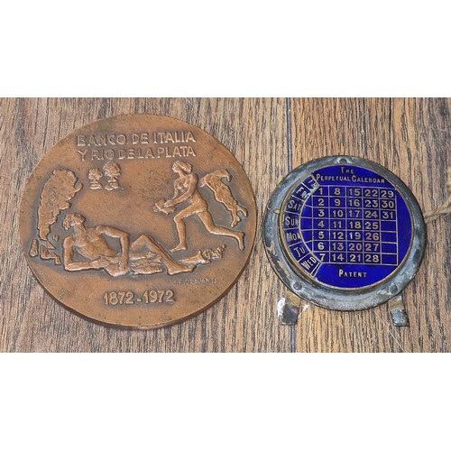 160 - Large 9.5 cm diameter Italian bronze medallion and vintage enamel patent 'The Perpetual Calendar'