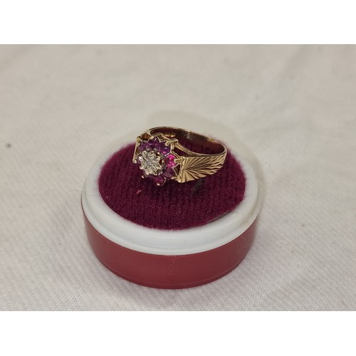 438 - 9 ct gold with ruby and diamonds cluster ring size M - 3.0 gm