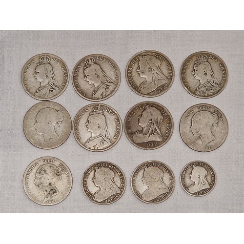 4 - 9 x Victorian silver half crowns, 2 x florins and 1 x shilling coins