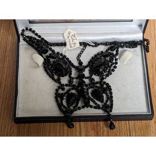 63 - Vintage jet bead butterfly necklace
