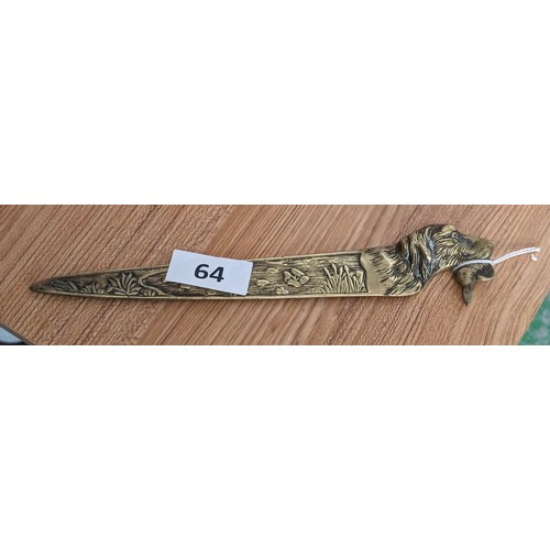 64 - 26 cm long solid brass hunting scene dagger shaped letter opener