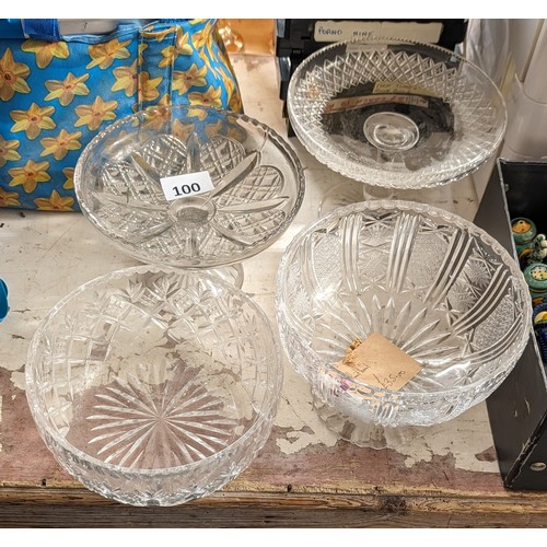 100 - 3 x vintage clear cut glass pedestal fruit bowls and cake stand and other lead crystal fruit bowl