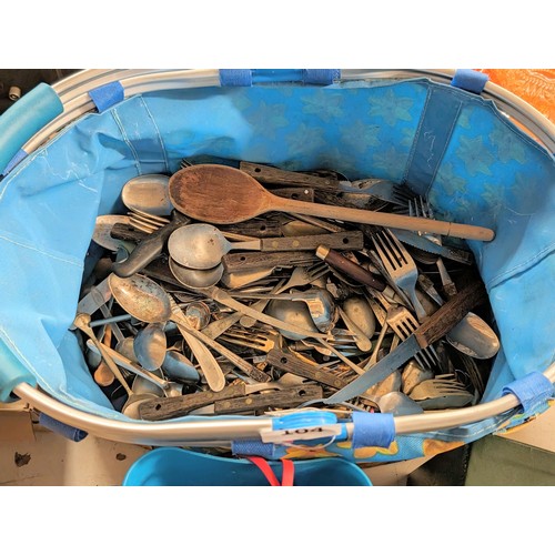 104 - Folding shopping basket with large amount of mostly vintage loose cutlery and some utensils