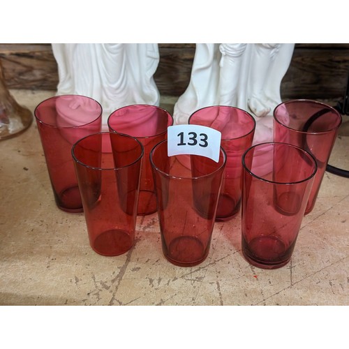 133 - Set of 7 x 19th century cranberry glass beakers