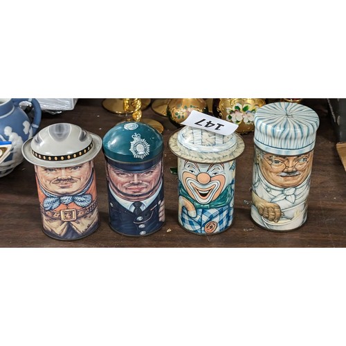 147 - Set of 4 x 'Cap-Tins' picture character tins