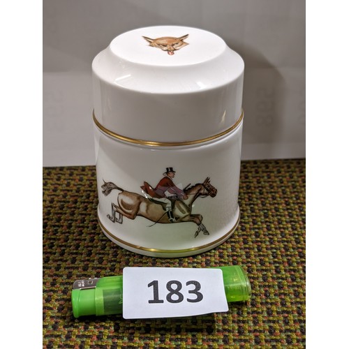 183 - 10 cm tall Royal Worcester fox and hound hunting scene lidded pot