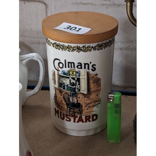 301 - Lord Nelson Pottery wooden lidded kitchen container with Colmans Mustard advertising