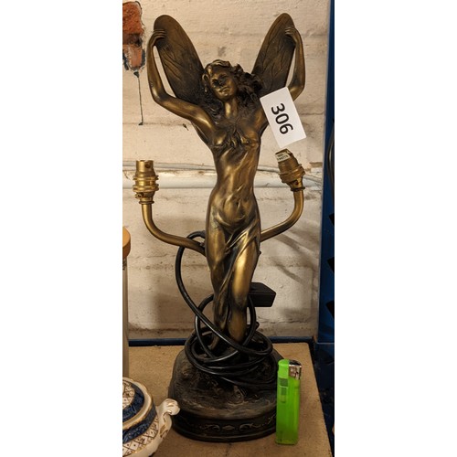 306 - Bronze look art deco fairy figural twin table lamp, no shades