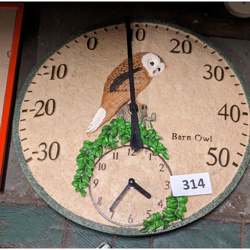 314 - Outdoor clock and thermometer with barn owl decoration