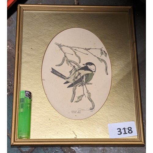 318 - 22 x 27 cm framed and oval mounted hand coloured great tit bird study print by John Morland