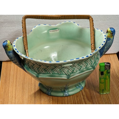 350 - Burleigh ware budgerigar bowl with wicker handle (not attached)