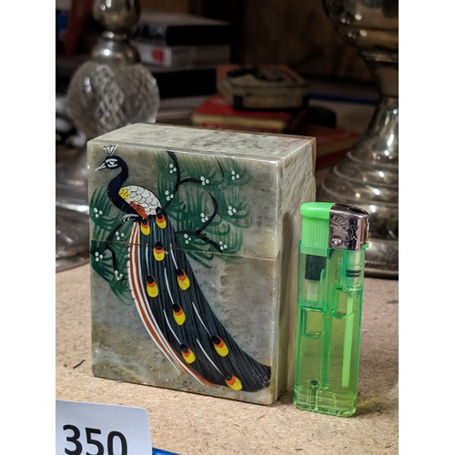 352 - Soapstone hinged lid cigarette box with hand painted peacock front