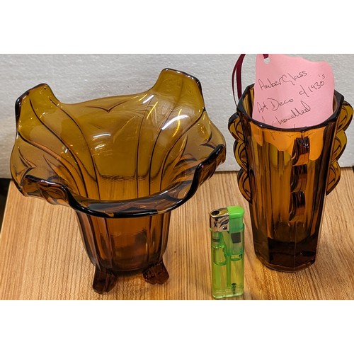 356 - 2 x 1930's art deco amber glass vases