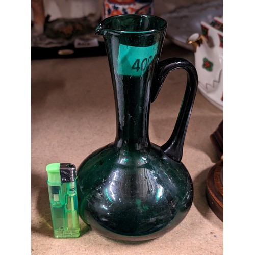 400 - Vintage hand blown green glass ewer