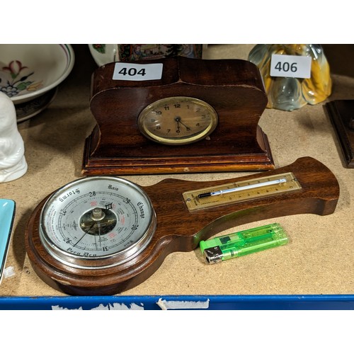 404 - Wooden cased small mantle clock (non-working) and small wooden cased banjo barometer