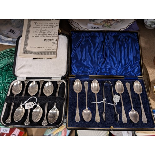 408 - Priestly and Moore silver plated spoons and silver plated teaspoon and sugar nip set, both in cases