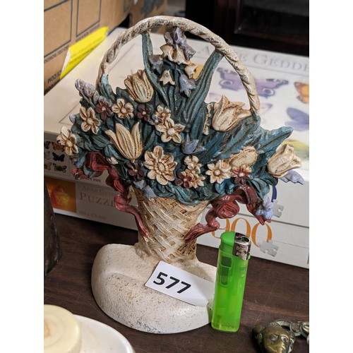 577 - Painted cast iron basket of flowers door stop