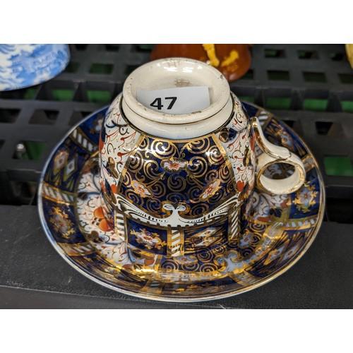 47 - 19th century ironstone Imari large cup and saucer - saucer is 21 cm diameter