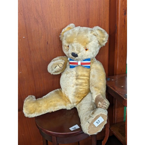 57 - 2 ft vintage Chad Valley articulated teddy bear with union jack bow tie