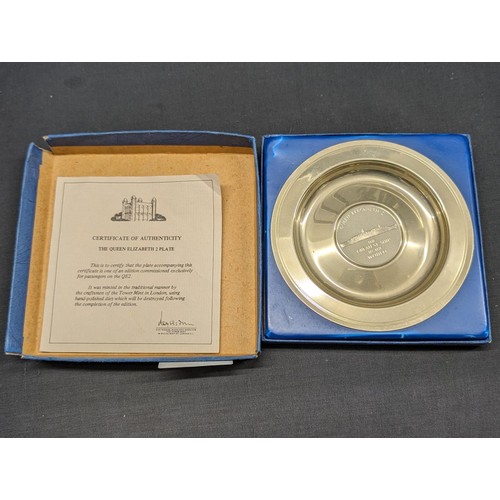 65 - Boxed 13.5 cm diameter QEII silver plated dish to commemorate your cruise