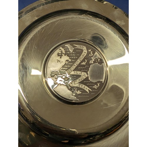 65 - Boxed 13.5 cm diameter QEII silver plated dish to commemorate your cruise