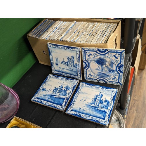 130 - Box of 45 salvaged blue and white picture scene 13 x 13 cm tiles - all different