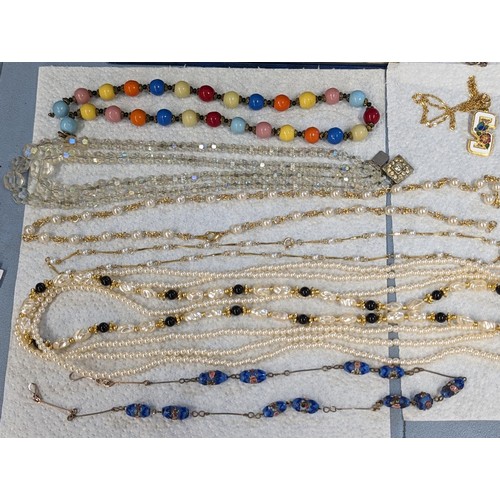 201 - Jewellery box with assorted dress/costume necklaces, clip on earrings including rolled gold and broo... 