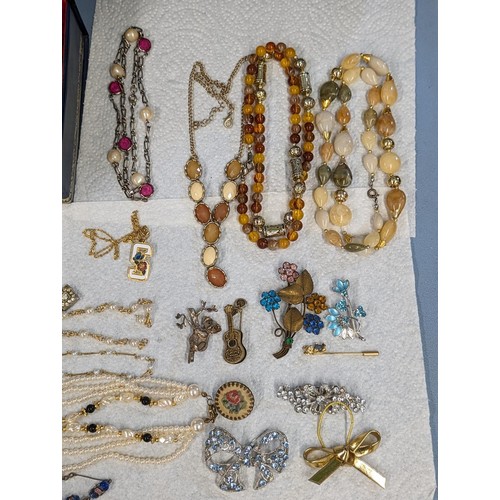 201 - Jewellery box with assorted dress/costume necklaces, clip on earrings including rolled gold and broo... 