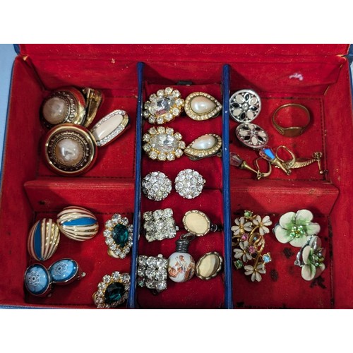 201 - Jewellery box with assorted dress/costume necklaces, clip on earrings including rolled gold and broo... 