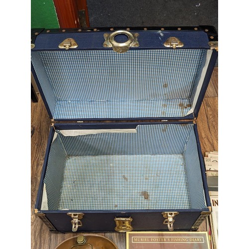 449 - 50 x 31 x 33 cm vintage travel trunk with assorted sheet music, fur stole, brass ware etc