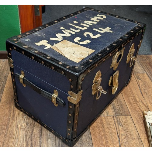 449 - 50 x 31 x 33 cm vintage travel trunk with assorted sheet music, fur stole, brass ware etc