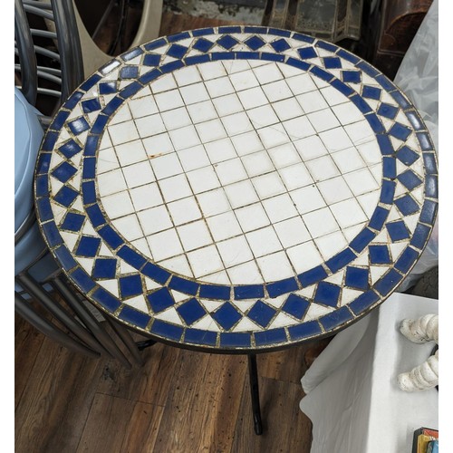 298 - 60.5 cm diameter and 70 cm tall mosaic top bistro table and 4 x stacking chairs