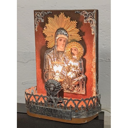 9 - 3 x wooden religious icons and other light up icon