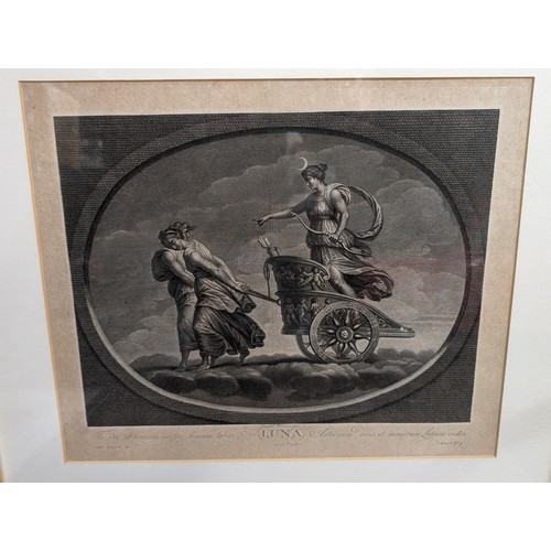 83 - Set of four, 61.5 x 56.5 cm large Hogarth framed and mounted 18/19th century engravings of Roman god... 