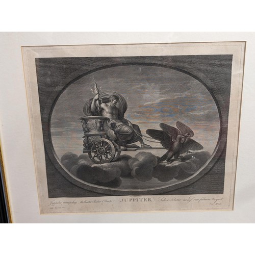 83 - Set of four, 61.5 x 56.5 cm large Hogarth framed and mounted 18/19th century engravings of Roman god... 