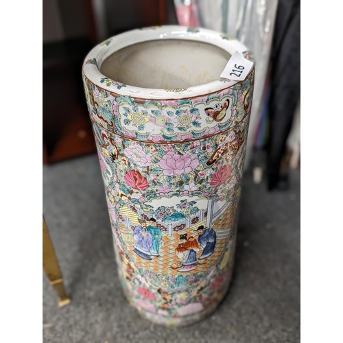 216 - Chinese porcelain famille rose floor vase/umbrella stand with umbrellas and walking sticks