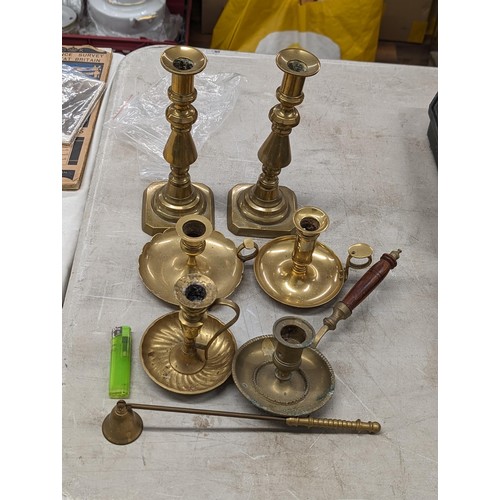 222 - pair of brass candlesticks, 4 x porters candle holders and 1 x candle snuffer