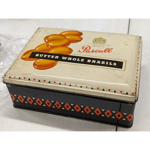 179 - Vintage pascall butter whole brazils sweet tin containing assorted dress and costume jewellery