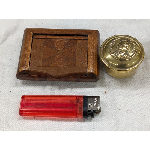 16 - 19th century treen inlaid birch wood snuff box and 1913 brass Robbie Burns snuff box